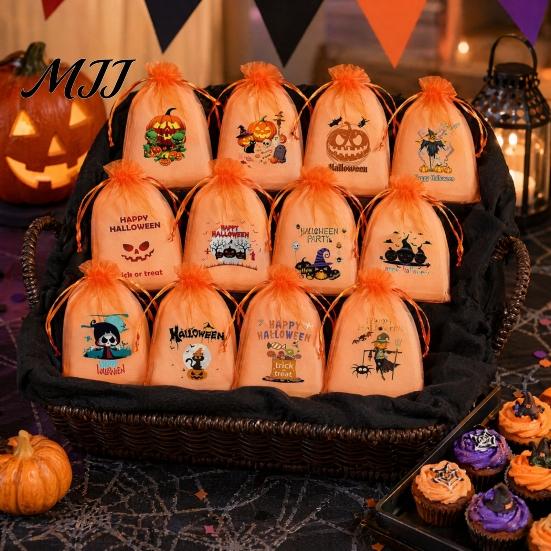Trick or Treat Bag 12 Pcs Halloween Organza Candy Bag, Drawstring Pouch with Pumpkin Ghost Bat Print, Sheer Favor for Party Snacks, Gift Packaging