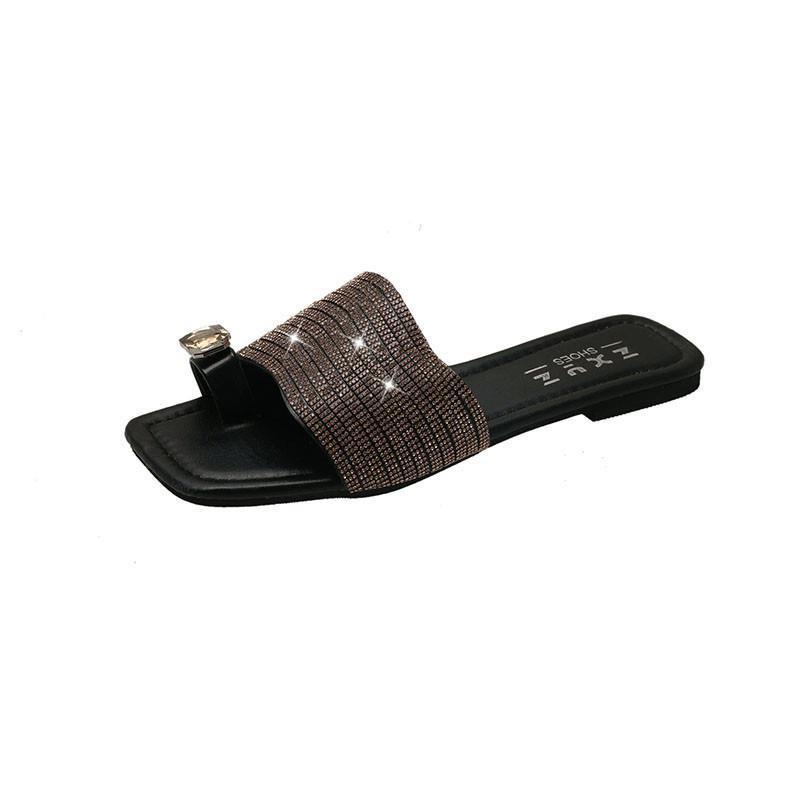 French silver slippers women's summer wear 2025 new with skirt fashion rhinestone cover toe flat bottom beach cool slippers