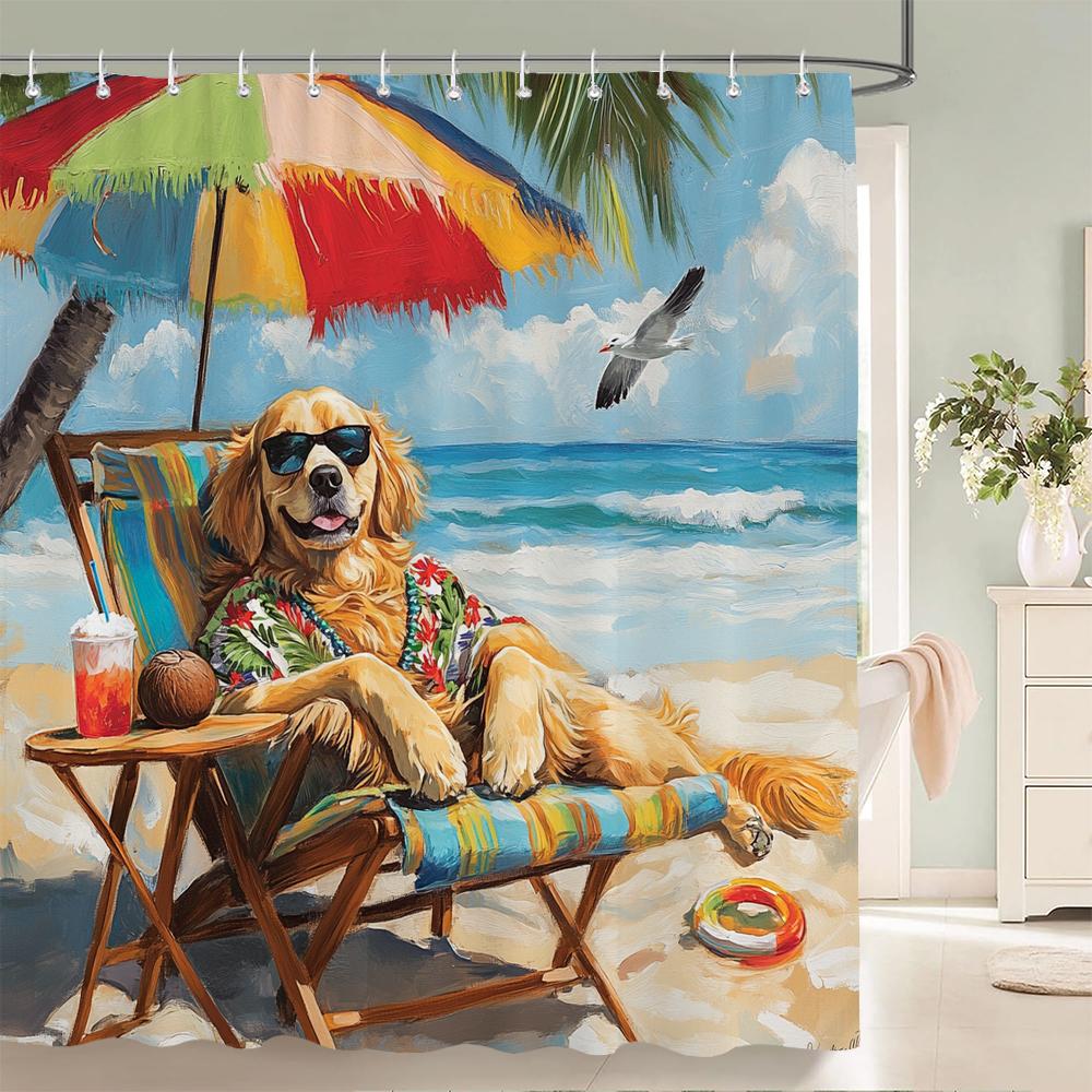 Funny and Creative Beach Cats and Dogs Fabric Shower Curtain Waterproof Polyester Bath Curtains for Bathroom Decorate with Hooks