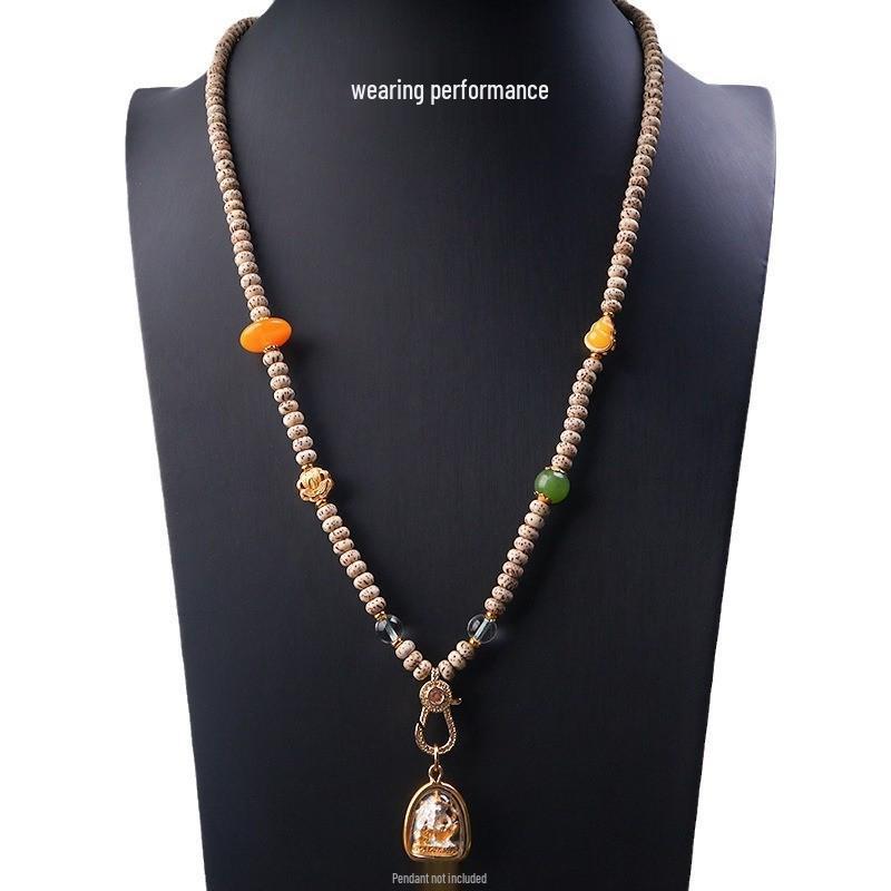 Thailand Amulet Necklace with Diamond Inlaid Bodhi, Star Moon Design, Quick Release Buckle, Thangka, and Emerald Jade Pendant