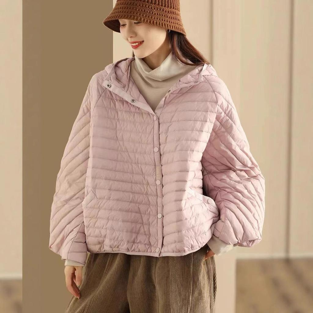 White duck down light down jacket women's short winter new literary loose quilting line hooded short jacket