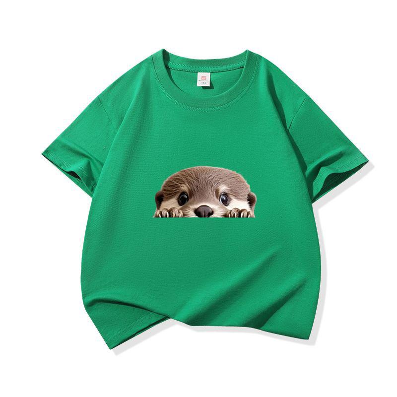 Kinder Baumwoll-T-Shirt Niedlicher Peekender Otter Aufdruck Rundhalsausschnitt Kurzarm T-Shirt Lässig Atmungsaktiv Jungen Mädchen Sommer Oberteile