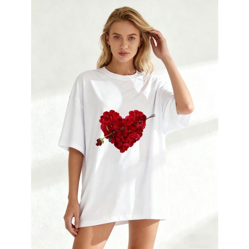 Oversized T Shirt Black Rose Heart With Arrow Print Casual Wear For Women
