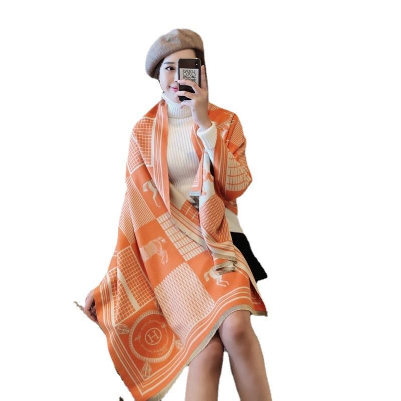 Carriage scarf, women's imitation cashmere air conditioner shawl, winter dual-purpose thickened scarf, fringed long style to keep warm