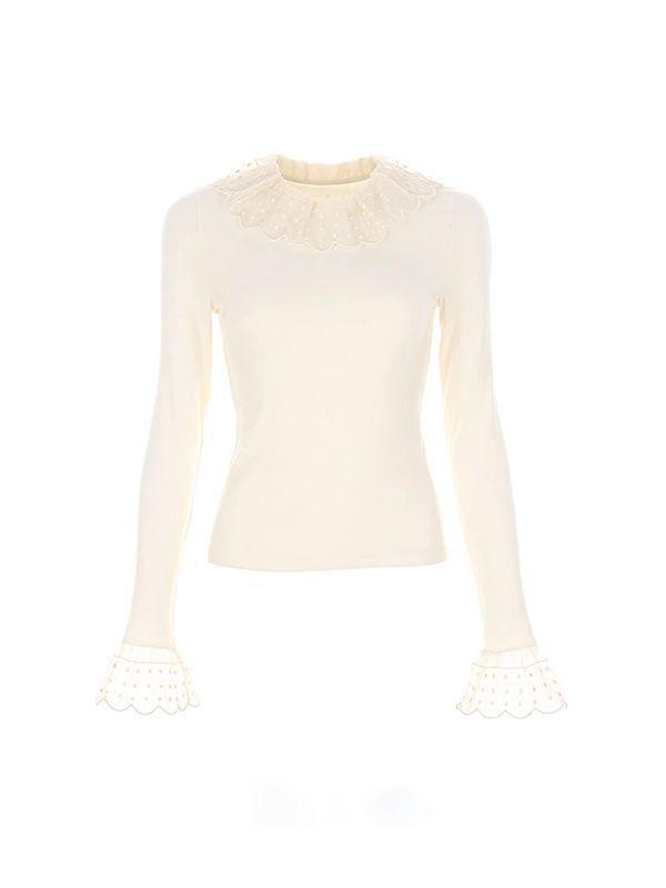 Women's Slim-Fit Apricot White Lace Collar Long-Sleeve Top for Autumn/Winter