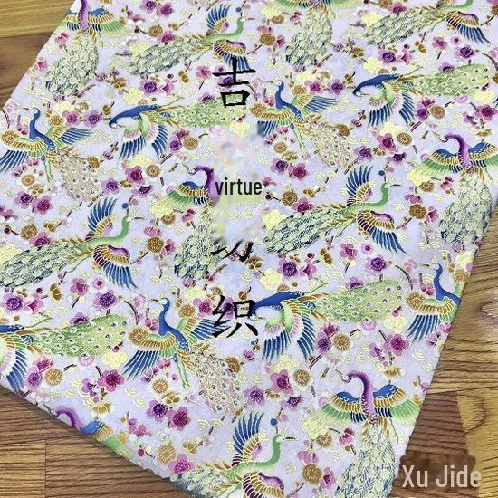 Gold-Stamped Japanese Style Cotton Fabric: Peacock Plum Blossom Pattern for Cheongsam, Hanfu, Tang Suit