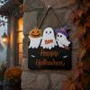 Wooden Seasonal Front Porch Ornament Halloween Ghost Door Sign, Cute Ghosts Hanging Wreath, Rustic Happy Kids Room Festive Wall Art Welcome