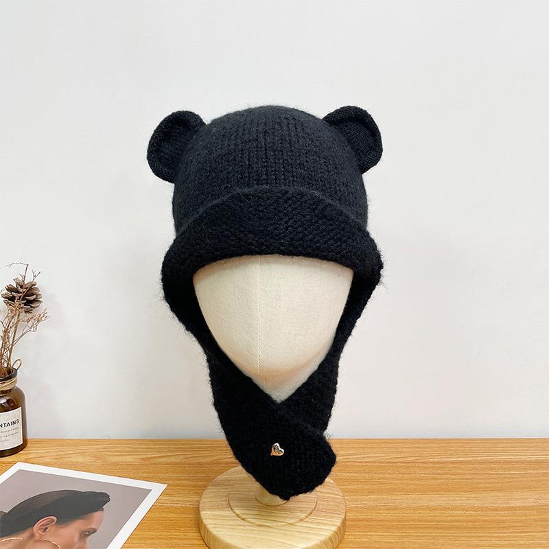 Cute Bear Ears Knitted Woolen Hat for Women in Autumn and Winter Versatile Face Showing Small Solid Color Hat Warm and Ear Protecting Lei Feng Hat