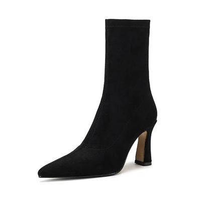 Flock Autumn Winter Shoes Thick High Heels Modern Boots Pointed Toe Keep Warm Stretch Ankle Boots