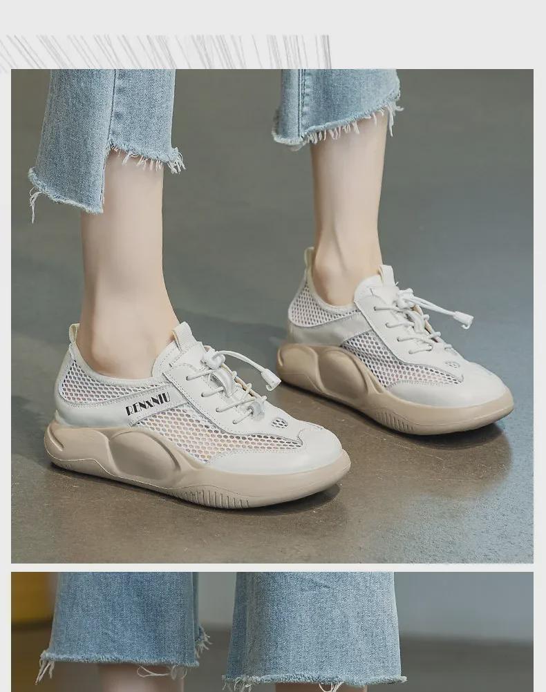 Balerini de damă moi cu talpă groasă, din piele de vacă și plasă, slip-on, Primăvară/Vară 2025