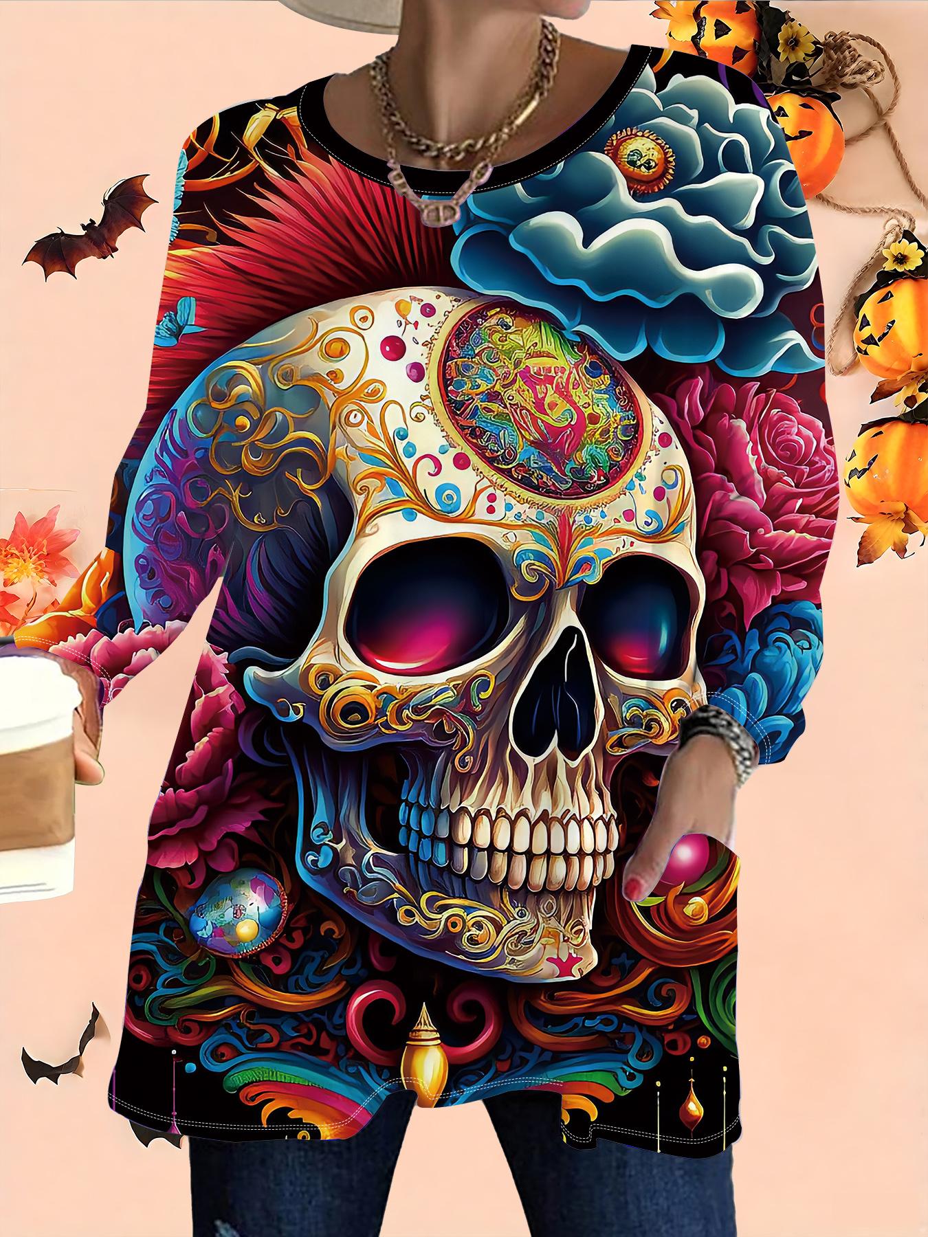 

2025 Осень Зима Новые Женские Топы Большого Размера, Модные Футболки с 3D-принтом на Хэллоуин с Круглым Вырезом и Длинным Рукавом 1XL чёрный