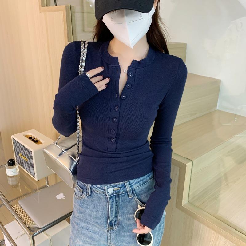 Half-open Neck Navy Blue Bottoming Shirt Women's Autumn Tight and Thin Spice Girl Button-up Long-sleeved Shirt Top