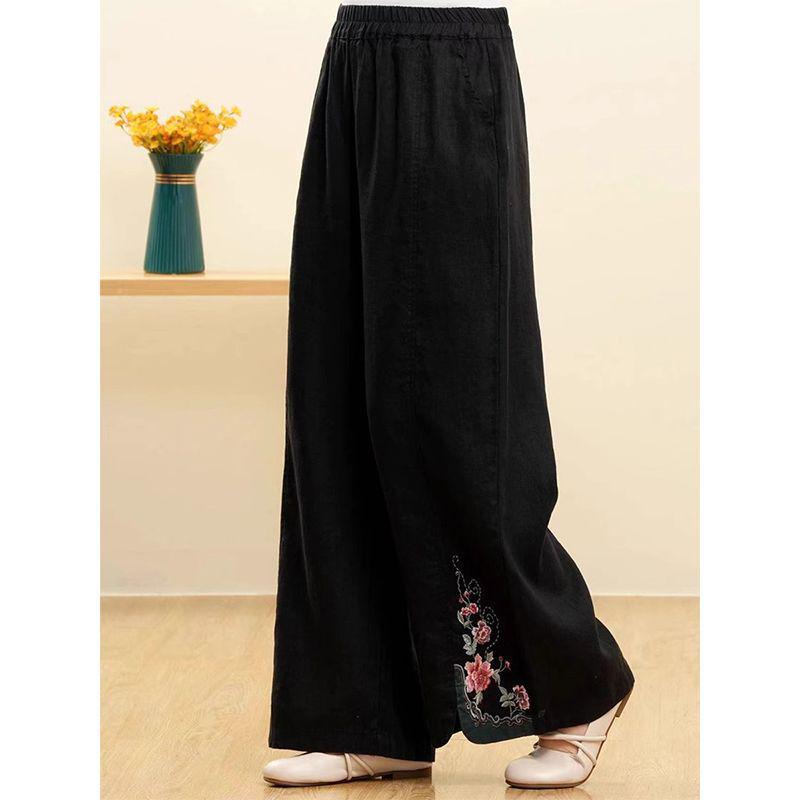 Women's Retro Embroidered Wide-Leg Cotton Linen Pants with Elastic Waist