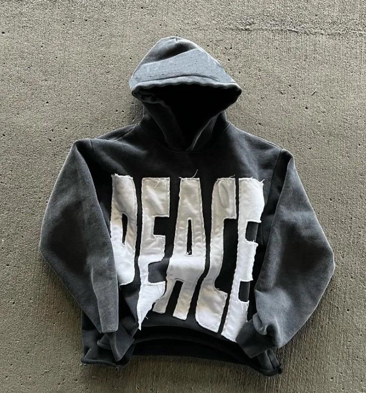 Unisex Pullover Hoodie 3D Patch Letter Print Long Sleeve Streetwear Loose Casual Hooded Sweatshirt