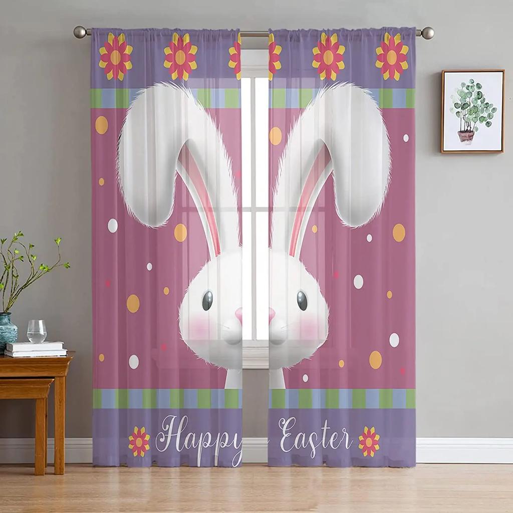 Sheer Easter Window Curtains Bedroom Living Room Egg Bunny Spring Flower Chiffon Voile Drapes Curtain Made Of Polyester Washable Sitting Ready