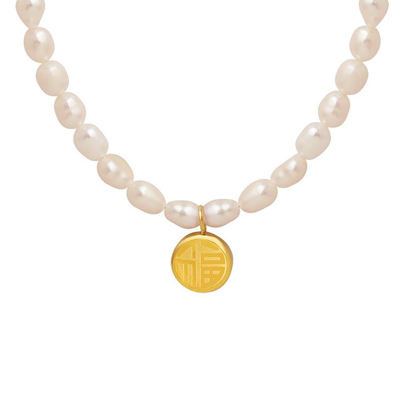 Chinese Style Titanium Steel Gold-Plated Double Xifu Brand Double-Sided Pendant, Freshwater Pearl Necklace, Hong Kong-Style Niche Lucky Jewelry