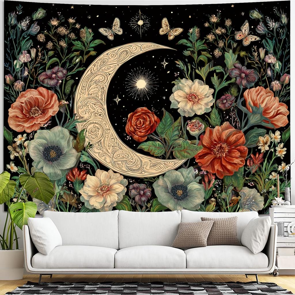 Celestial Moon & Floral Tapestry 2D Digital Print Polyester Wall Hanging Living Room Bedroom Office Studio Decor with Hooks