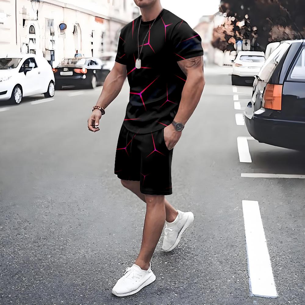 Plus Size Irregular Geometric T-shirt Shorts 2-piece Set Quick Drying Loose Men's Drawstring T Shirts Short Sleeve Tee Summer