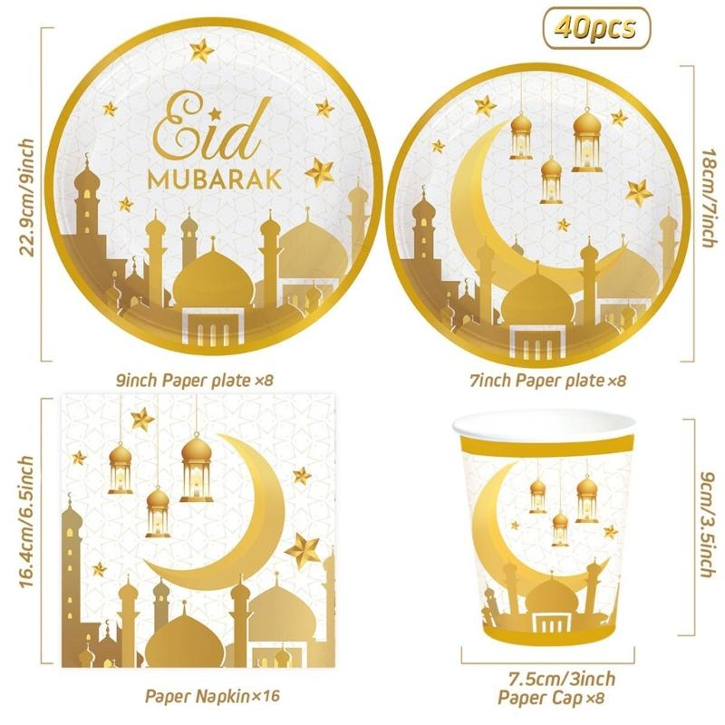 Elegant Disposable Dinnerware Set for 8 Guests Plates Cups and Napkins for Muslims Eid Festival Festive Celebration