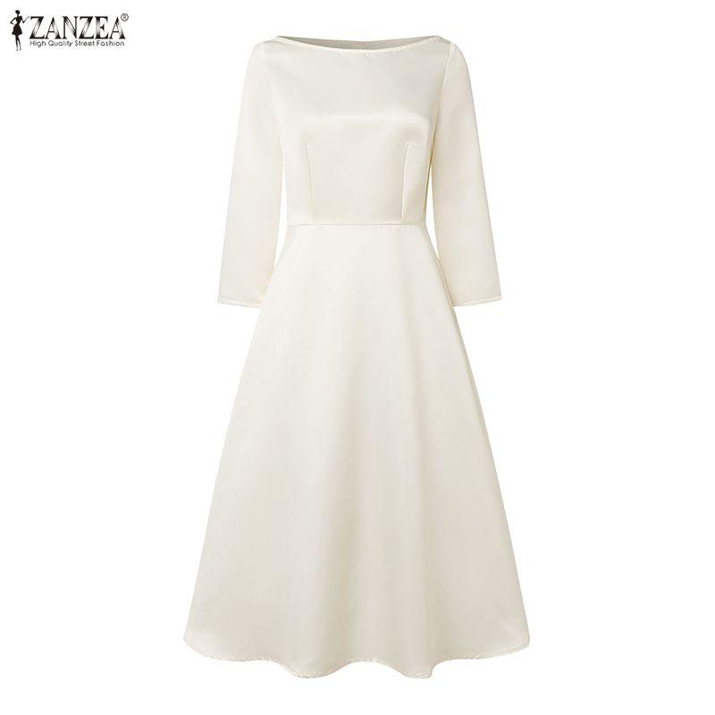 ZANZEA Women Casual Round Neck 3/4 Sleeve Elegant A-Line Dress