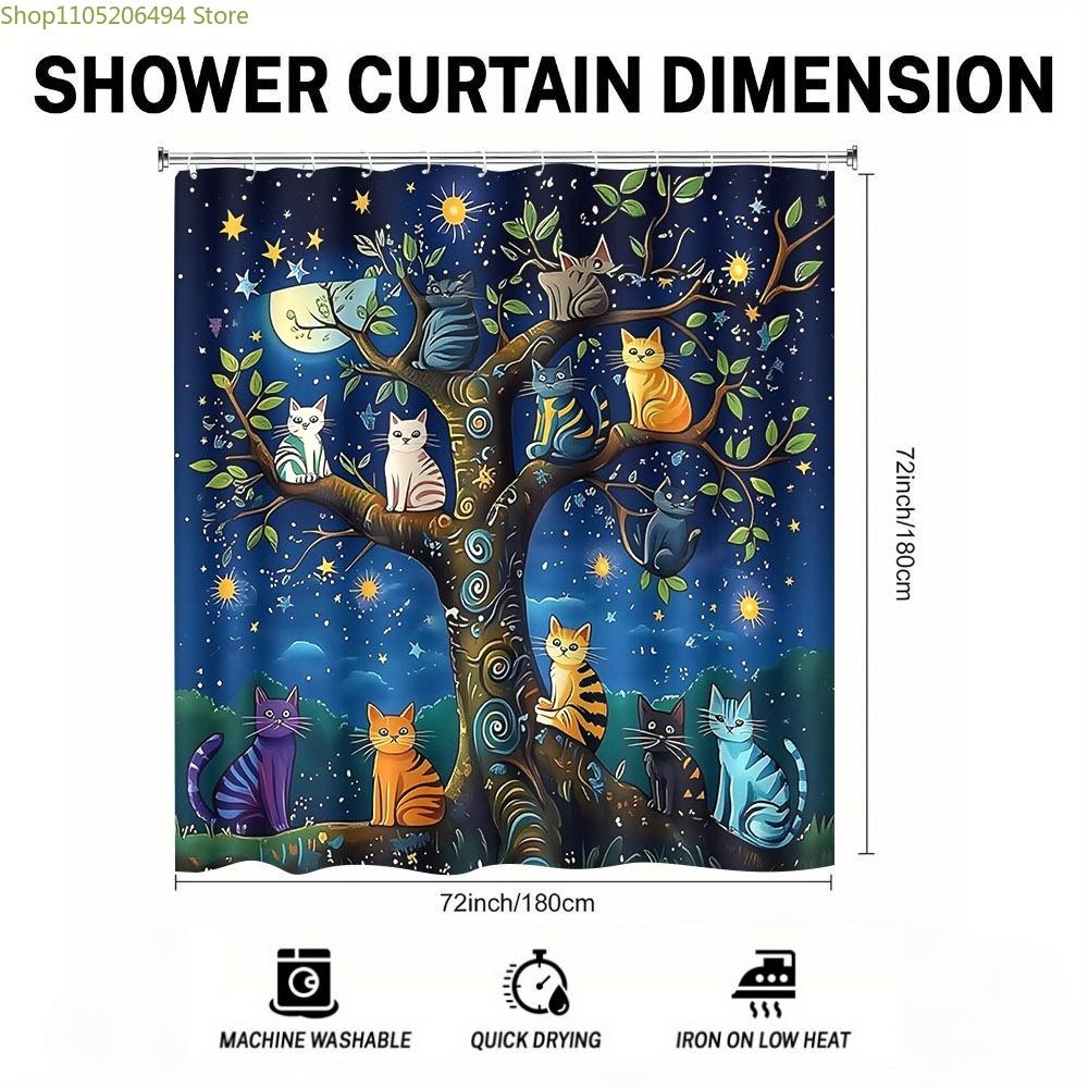 1pc 1pcs Whimsical Cat Tree Shower Curtain Suitable for & - Magical Starry Night Cat-Themed Bath Curtain with Grommets, -Care,