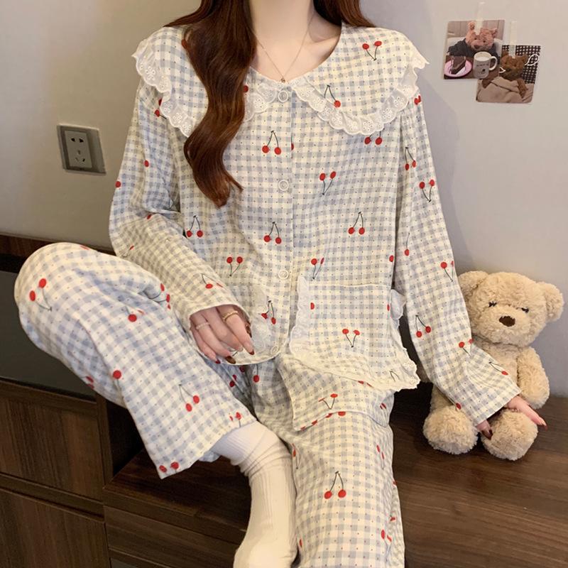 Women's Cartoon Lace Peter Pan Collar Cotton Pajamas - Long Sleeve, Spring/Fall, Winter Style