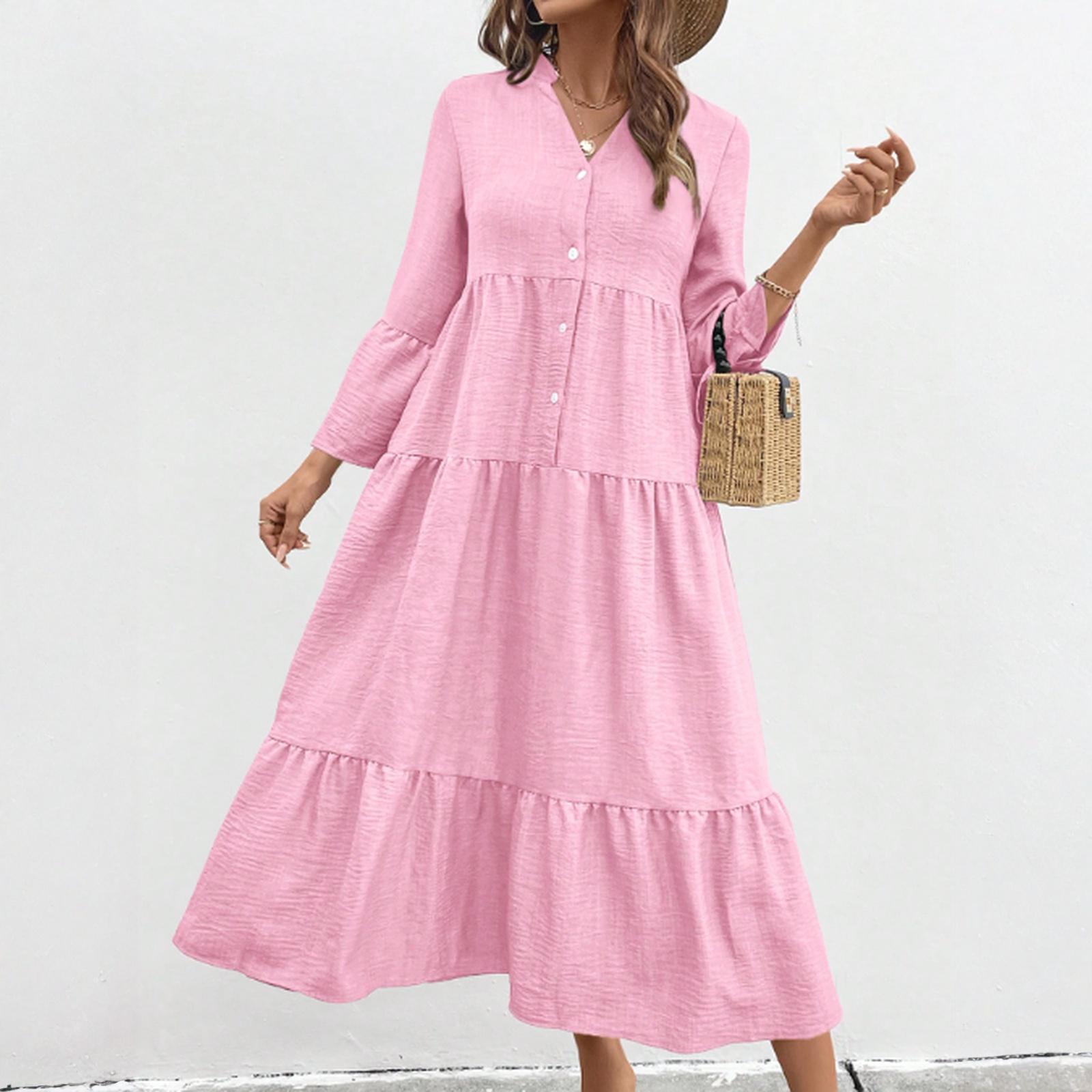 

Women s Fall Long Sleeve Maxi Dress V Neck Hollow Out Eyelet A Line Long Casual Party Dresses S розовый