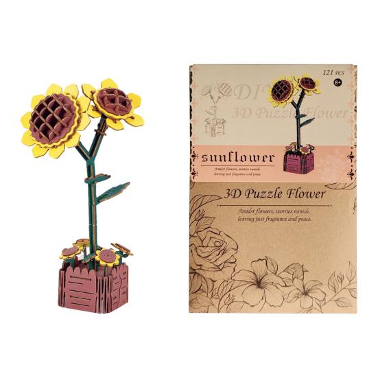 3D Wooden Flower Puzzle Kit for Adults DIY Botanical Bouquet Building Set Wood Sunflower/Rose Floral Craft Kit for Stress Relief Housewarming Gifts