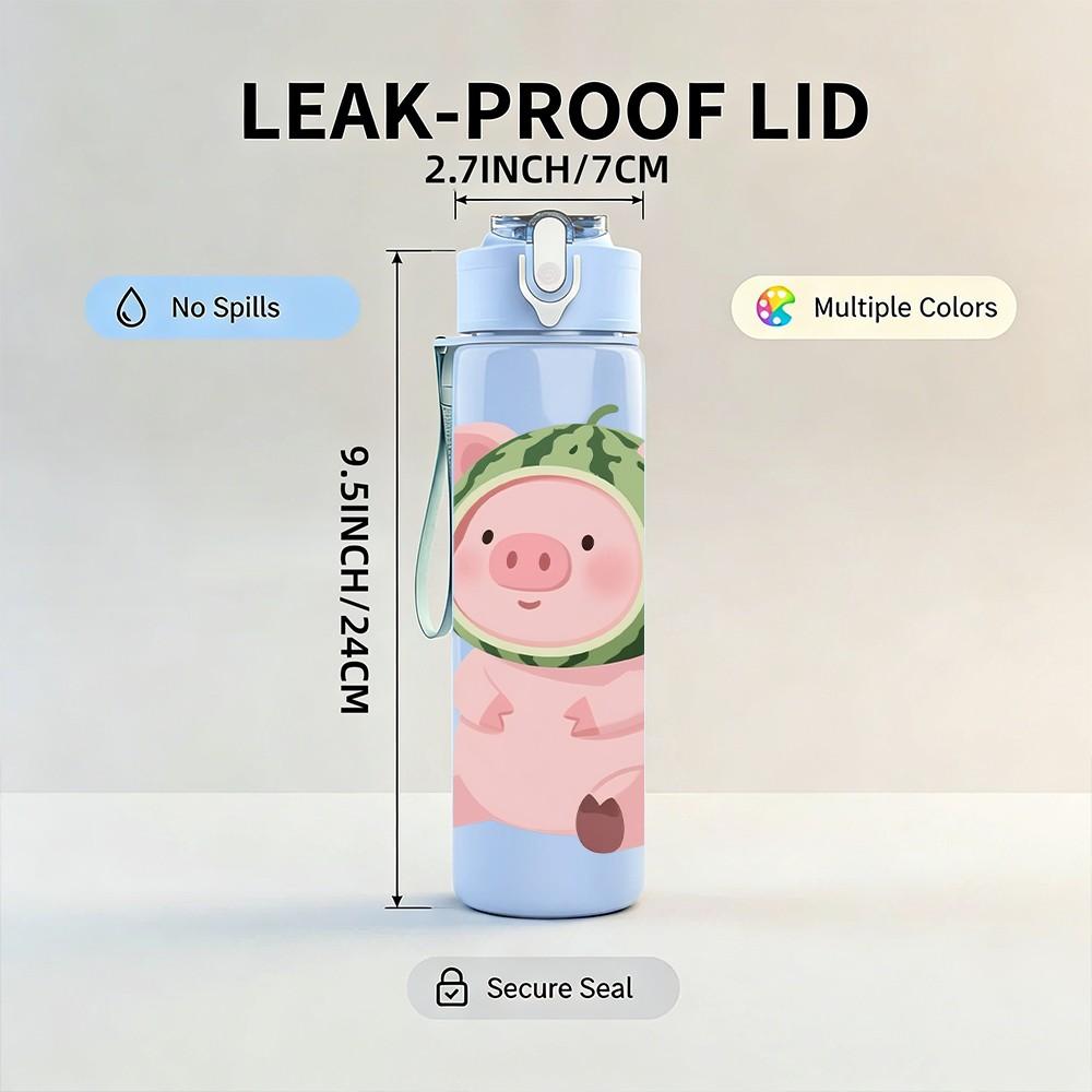 1PC Pink Pig Wearing Watermelon Hat Print 750ml Color Plastic Sports Water Bottle Leakproof Flip Straw Lid Suitable for Sports Office Home Use