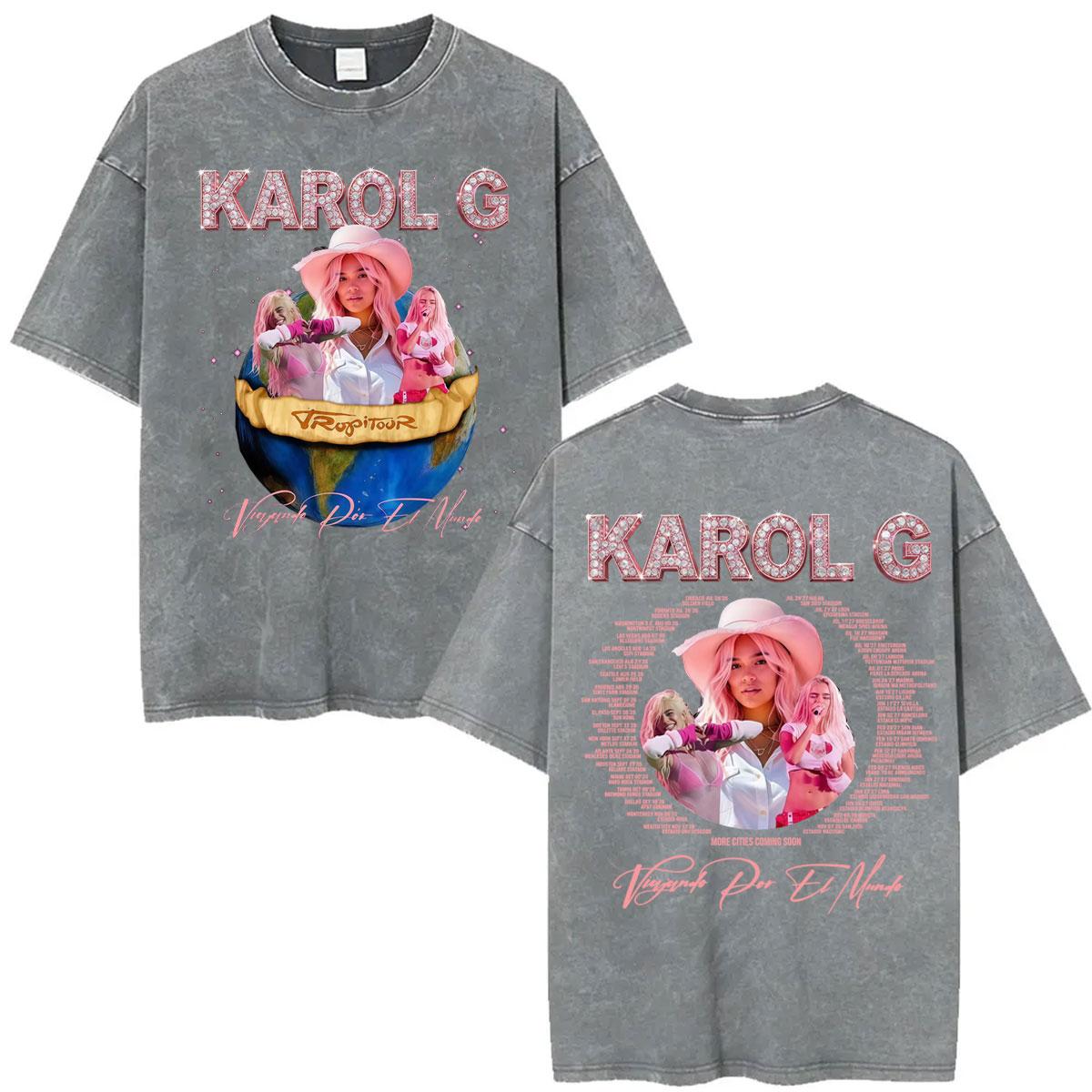 

Karol G Tropicoqueta New Album Tour T Shirt Men Women Harajuku Hip Hop Vintage Washed Tshirts Casual ONeck Cotton Tshirt S