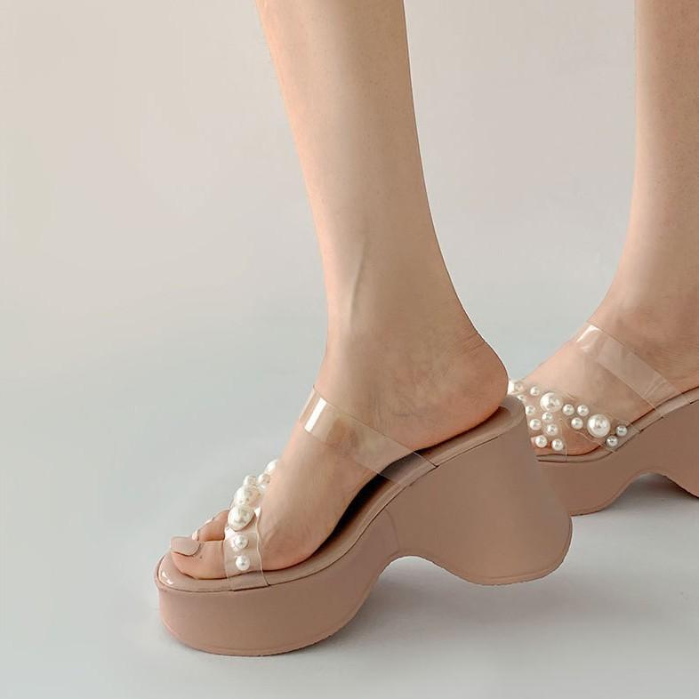 Black High-end Thick-bottomed Wedge One-word Slippers for Women's Summer Wear 2025 New Models with Skirts To Increase the Height of French Sandals