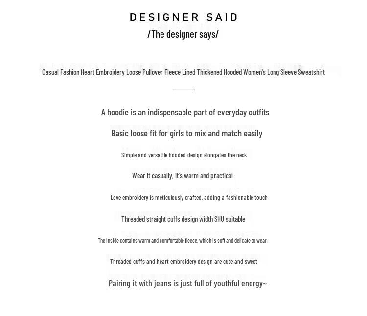 Bailuyu Women's Autumn/Winter Fleece-Lined Hooded Sweatshirt with Heart Embroidery