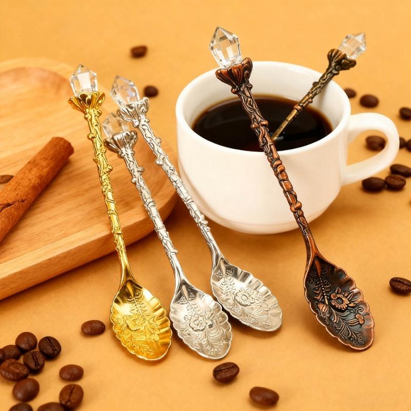 Retro Crystal Head Kirsite Spoon Elegant Antique Designs For Dessert Salt Coffee Teas Utensils Durable Kitchens Tool