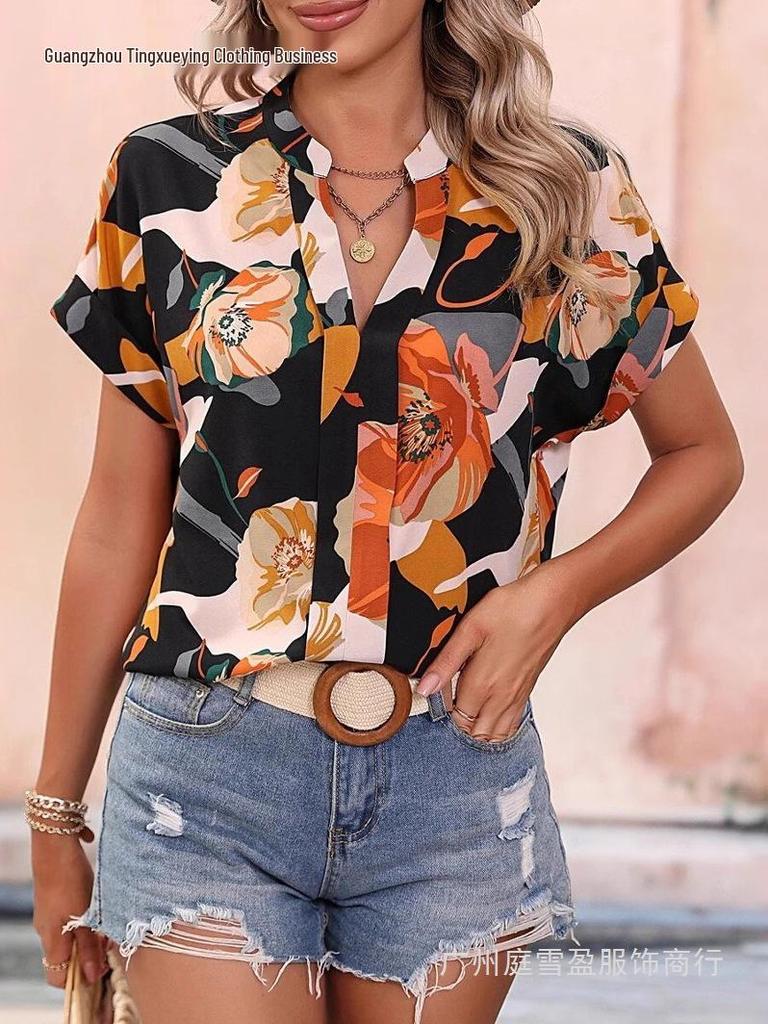Women's Colorful Floral Print V-Neck Short-Sleeve Top - Summer Fashion