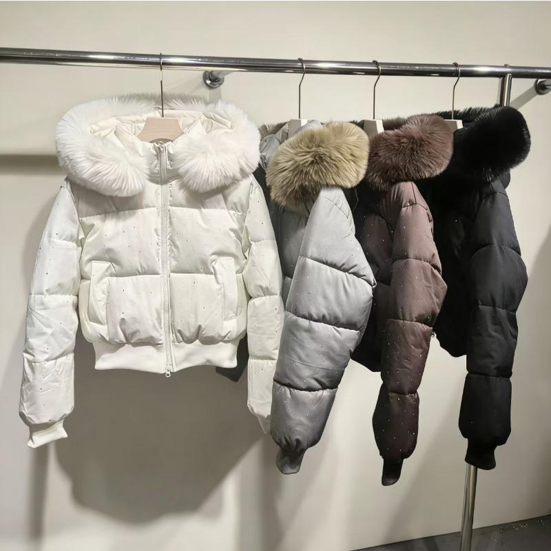 Women Thickened Warm Short Padded Jacket Fur Collar Waist Slimming Winter Outerwear