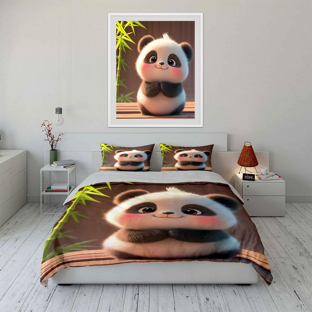 Adorable Baby Panda Smiling Gently Duvet Cover Set With 3D Printing Design Soft Polyester Bedding Set All-Season Comfort
