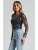 Top Trasparente in Rete con Perline a Maniche Lunghe da Donna