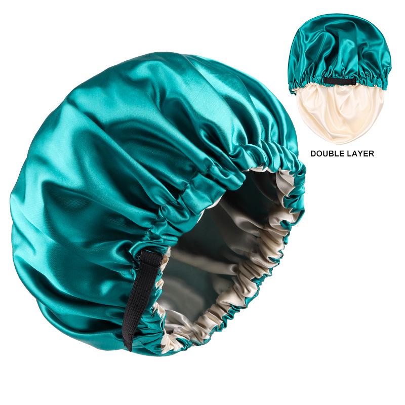 Dual-Layer Satin Sleep Cap with Adjustable Buckle, Reversible Solid Color Design - Elastic European/American Shower Cap