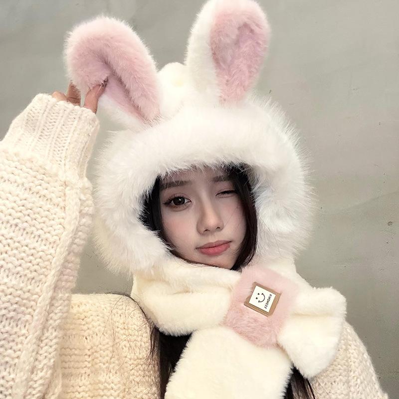 Rabbit Ears Hat Season Girl Scarf Gloves Integrated Hooded Scarf Cute Thickened Warm Plush Three-piece Set