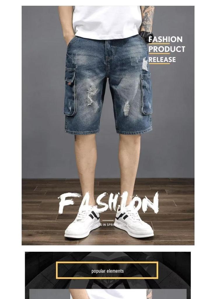 Men's Trendy Korean Style Ripped Denim Shorts - Summer 2023 Loose Fit Five-Point Pants
