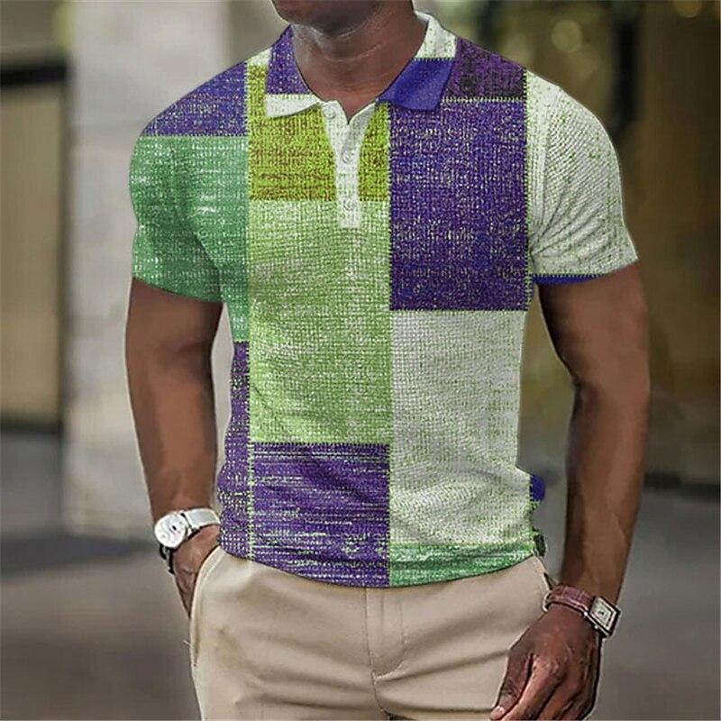 Multi Block Color Blocking Pattern 3D Digital Printing Men's Casual Polo Shirt