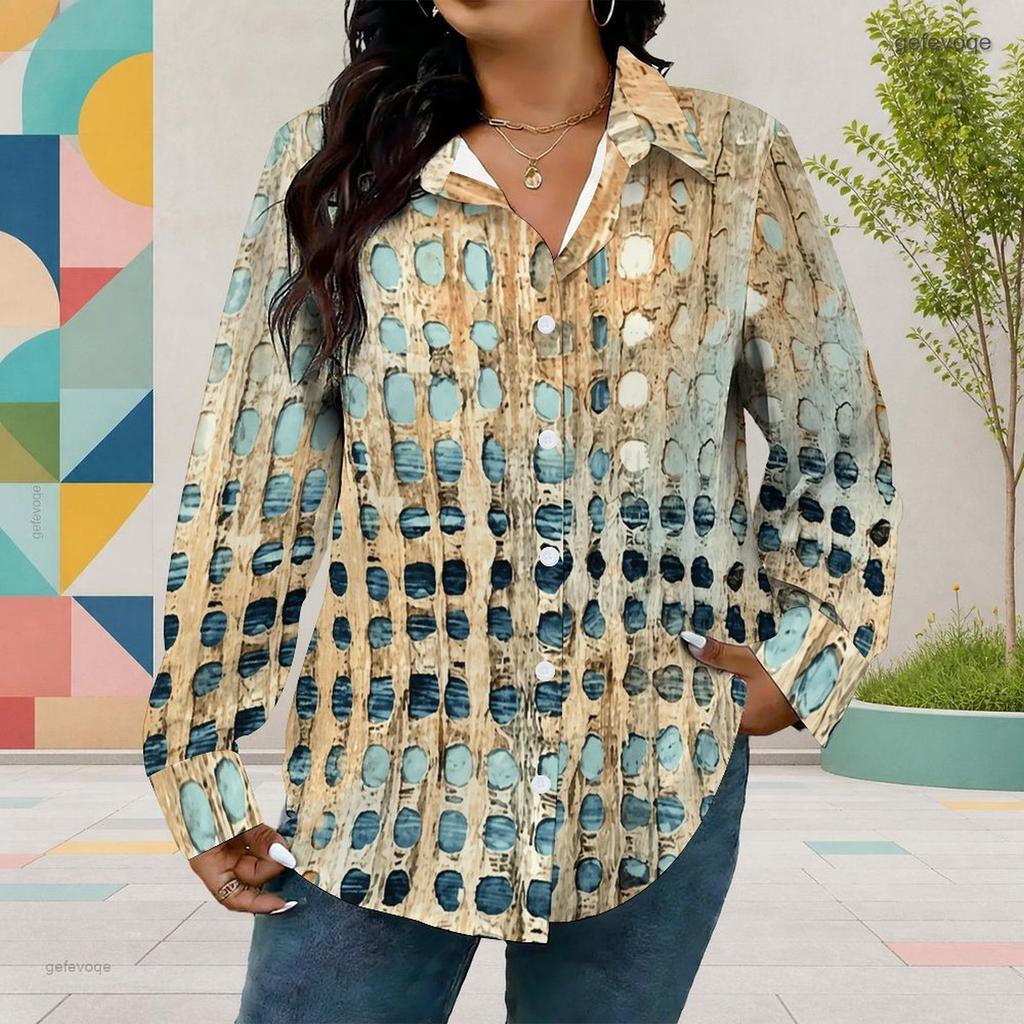 Women Plus Size Collared Long Sleeve Abstract Geometric Printed Button Front Curved Hem Shirt
