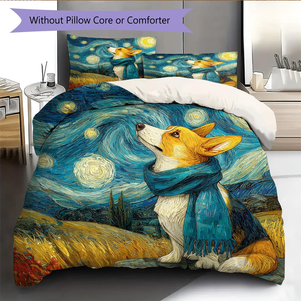 Dog Under Night Starry Sky Pattern Bedding Quilt Set Home Decoration Gift (1 * duvet cover + 2 * pillowcase without core)