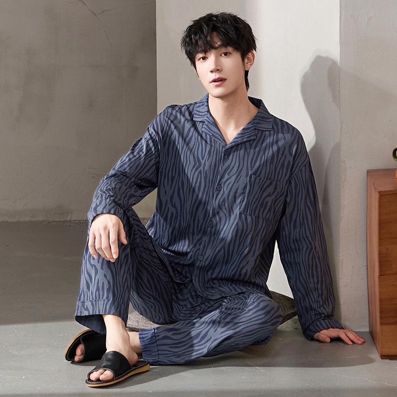 Antibakterieller Herren-Schlafanzug aus reiner Baumwolle der Klasse A – Langarm-Strickjacke für Frühjahr/Herbst 2025, lässige Heimkleidung