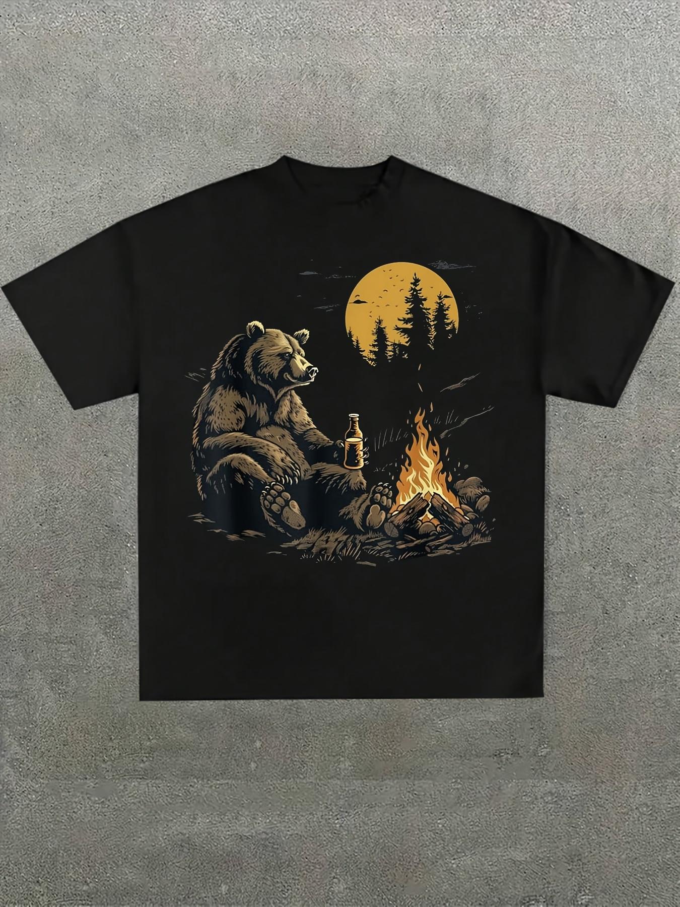 Fun Bear Camping Print 100 Cotton Trendy Men Woment Tshirt Summer Autumn Daily Outdoor Sports Casual Loose Street Short Sleeve S