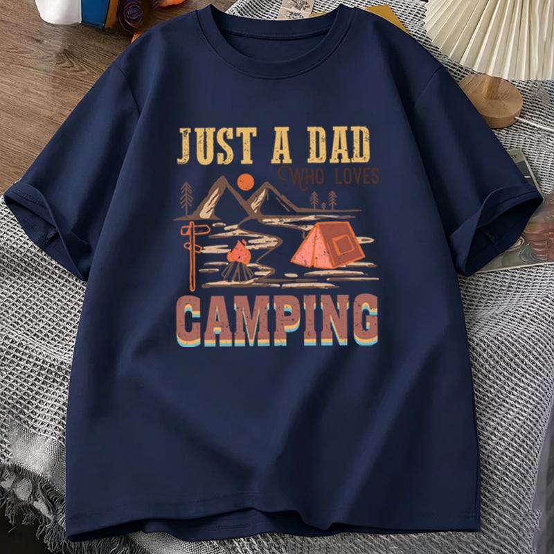 Fathers Day Gift Camping Dad T‑shirt  Just A Dad Who Loves Camping  Retro Outdoor Print Casual Mens Tee Retro Mountain Male Tee S