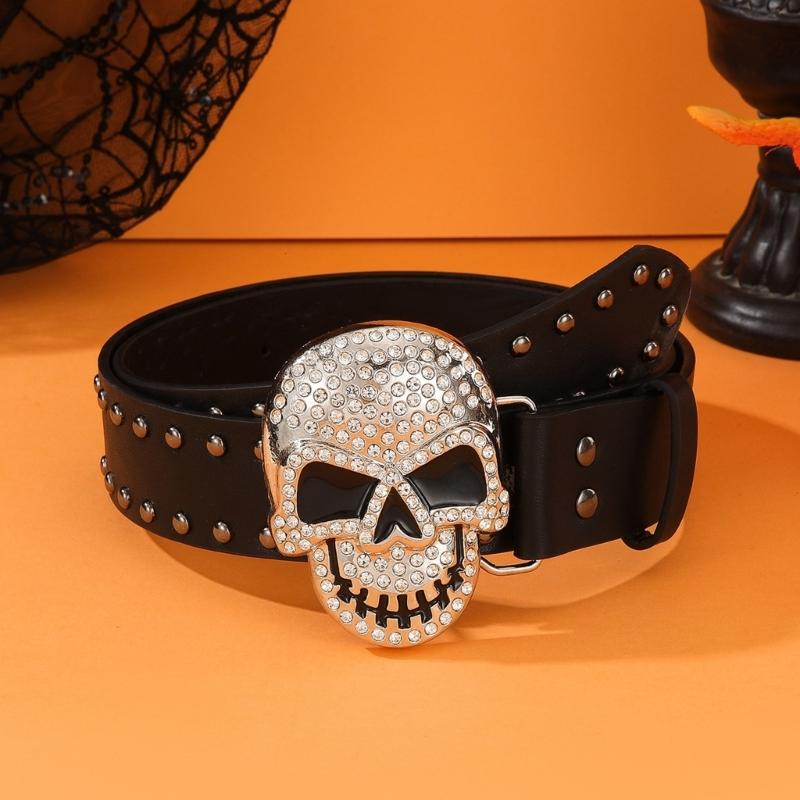 Rhinestones Skull Buckle Belt for Women Men with Rivet Studded Hiphop Belt for Jeans Popular Rockers Waist Accessories