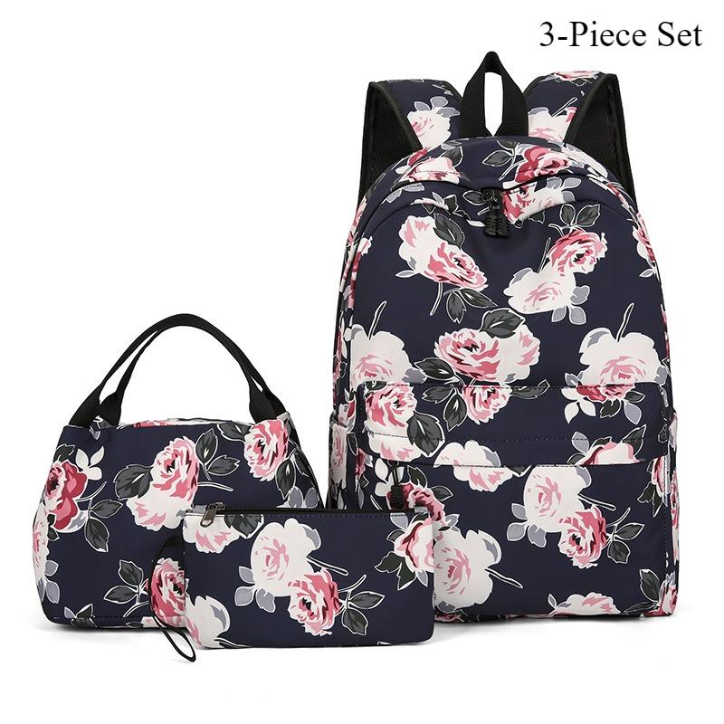New Nylon 3-Piece Backpack Set - Thermal Lunch Bag Stylish Floral Daypack Compact Crossbody Bag Large Capacity Casual School Bag