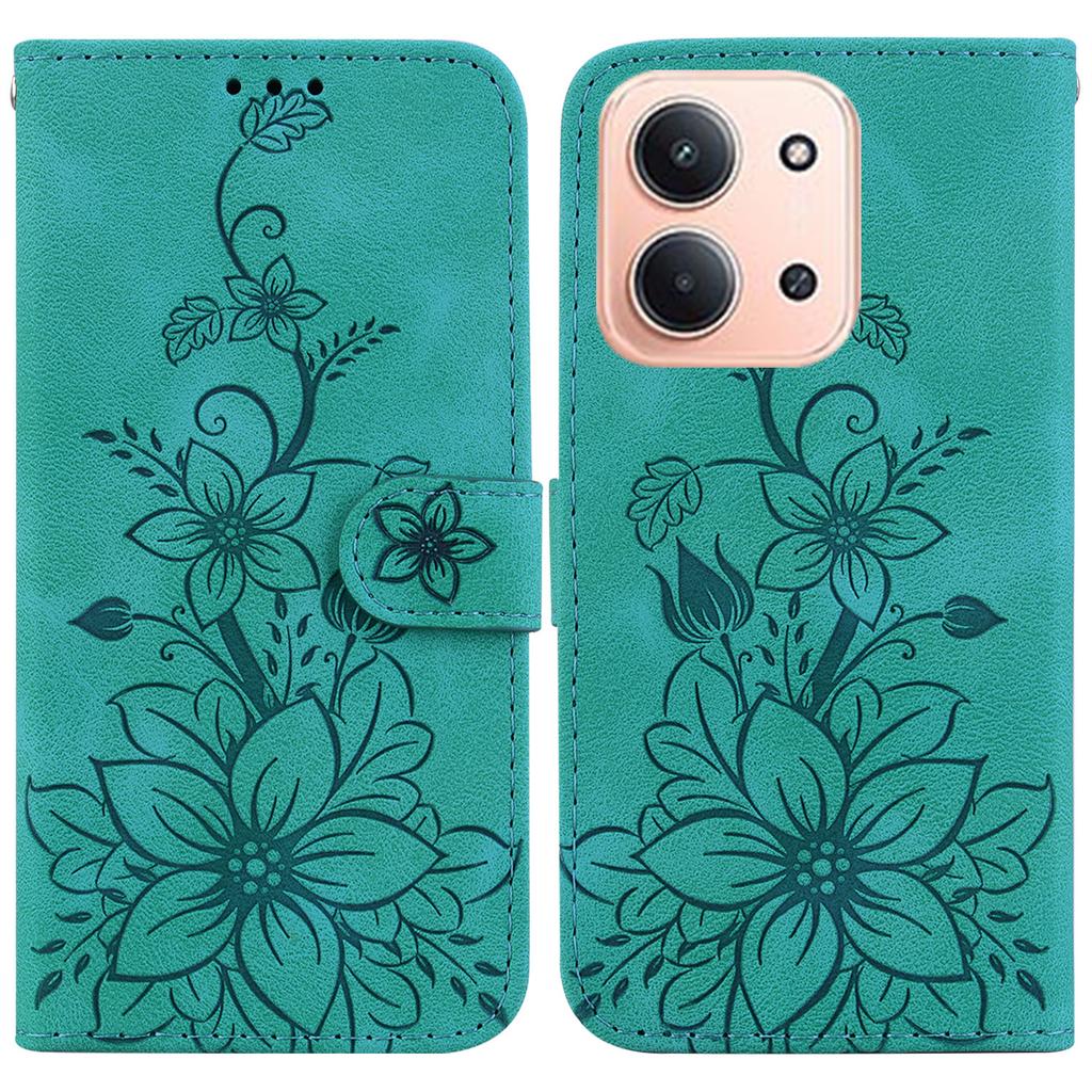 For Xiaomi Redmi 15C 5G (EU) (173mm)/15C 4G (EU) (173mm) Stand Case Lily Flower Imprint Leather Phone Cover with Wrist Strap