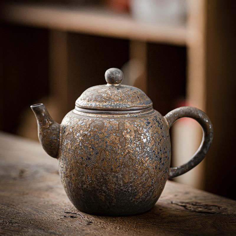 Home Kung Fu Tea Beverage Set Teapot Gilt Tea Maker Japan Style Stoneware Teapot Single Pot Handmade Vintage Ceramic Round Jug Teaware